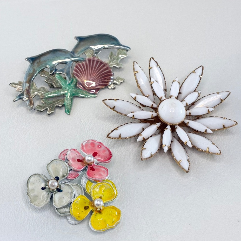 Vintage Brooch Lot White Sunburst Dolphin Nautical Enamel Flower Pins Set of 3